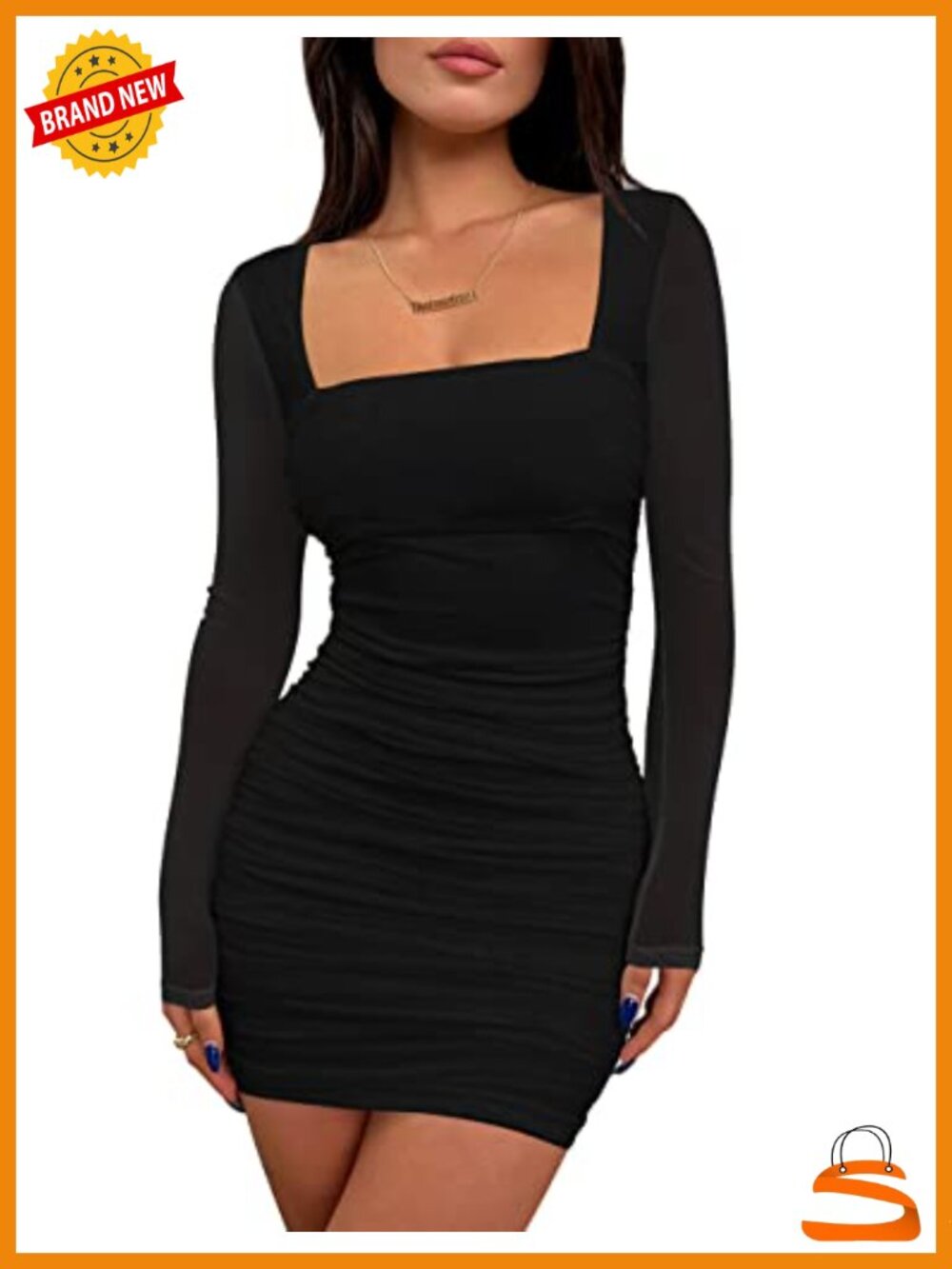 Women's Ruched Bodycon Long Sleeve Mini Dress Square Neck Party Clubwear